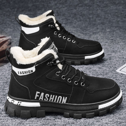 Botas de neve masculinas, botas de algodão espessas forradas a polar para o inverno 2025, sapatos masculinos resistentes ao frio, sapatos quentes de algodão, botas Martin masculinas