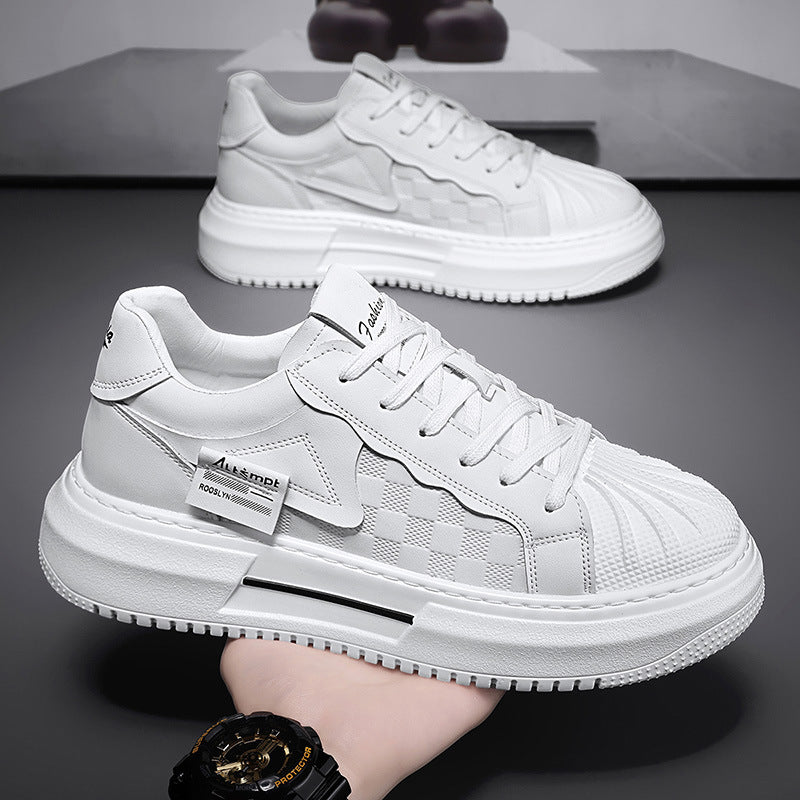 Sapatos masculinos com bico em conca, ténis novos de sola grossa da primavera 2025, sapatos desportivos casuais e na moda, sapatos brancos masculinos que aumentam a altura