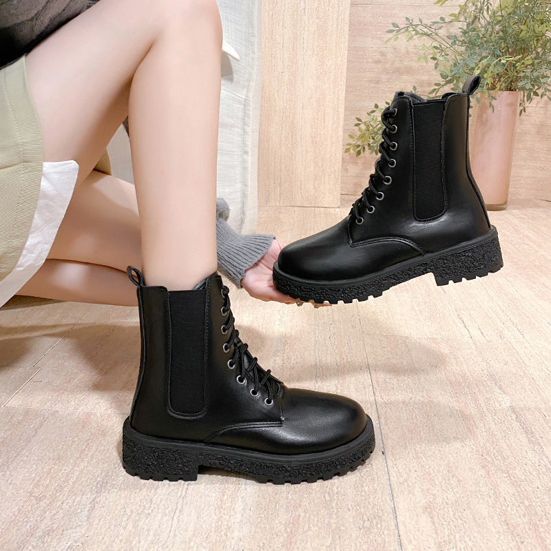 Botas femininas: Botas de salto redondo com salto redondo de salto médio, sapatos femininos em couro verniz coreano de outono 2025, botas Martin confortáveis