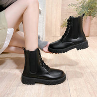 Botas femininas: Botas de salto redondo com salto redondo de salto médio, sapatos femininos em couro verniz coreano de outono 2025, botas Martin confortáveis