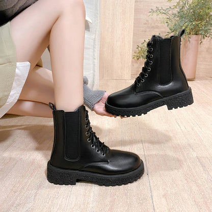 Botas femininas: Botas de salto redondo com salto redondo de salto médio, sapatos femininos em couro verniz coreano de outono 2025, botas Martin confortáveis
