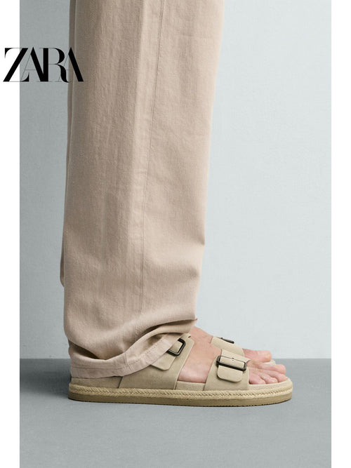 Sandálias de praia masculinas ZARA Primavera/Verão 2026 em couro com fecho de fivela dupla larga 2738720 131