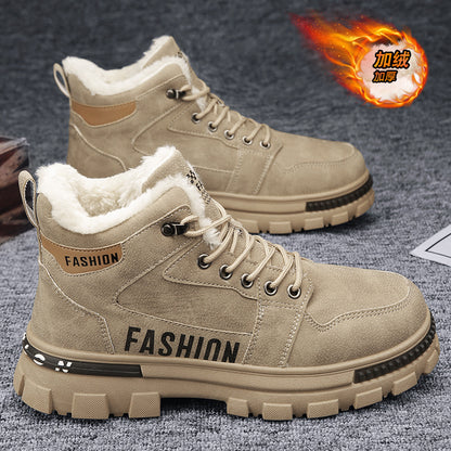 Botas de neve masculinas, botas de algodão espessas forradas a polar para o inverno 2025, sapatos masculinos resistentes ao frio, sapatos quentes de algodão, botas Martin masculinas