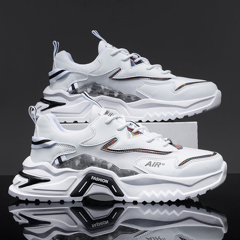 Sapatos masculinos, primavera versátil para jovens de corrida casual, sapatos desportivos de sola grossa para homem, sapatilhas de pai branco para homens na moda