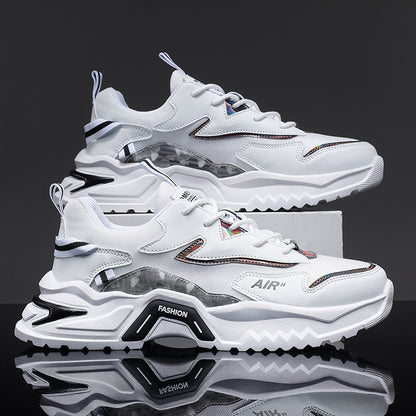 Sapatos masculinos, primavera versátil para jovens de corrida casual, sapatos desportivos de sola grossa para homem, sapatilhas de pai branco para homens na moda