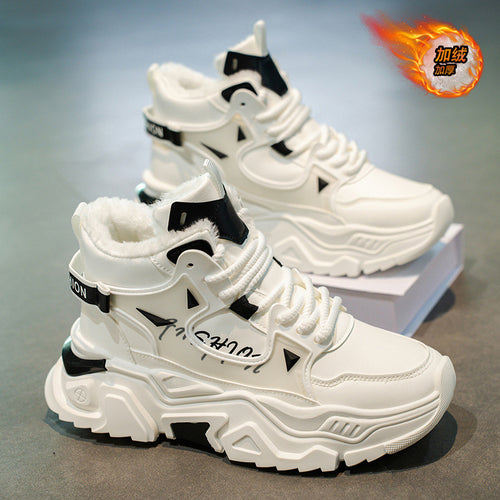 Sapatos masculinos de cano alto, botas Martin espessas e espessas forradas a polar de inverno, sapatos desportivos, casuais brancos para aumentar a altura e versáteis da moda