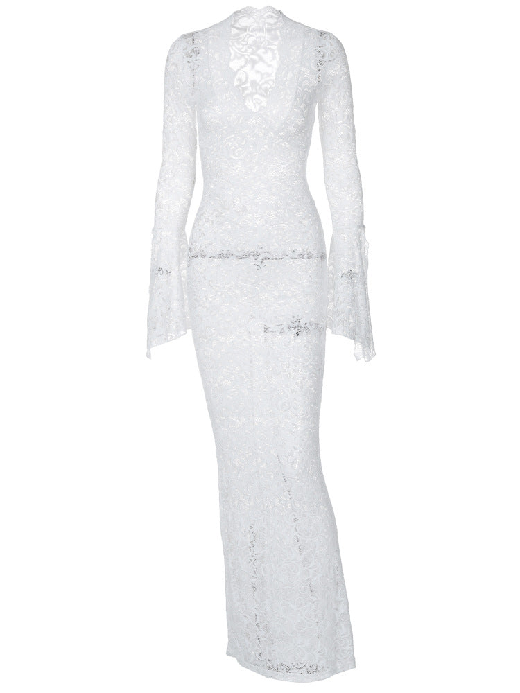 Amazon venda quente novo sexy profundo V renda padrão see-through slim manga longa estilo rua maxi vestido mulheres