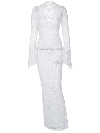 Amazon venda quente novo sexy profundo V renda padrão see-through slim manga longa estilo rua maxi vestido mulheres