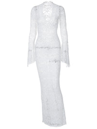 Amazon venda quente novo sexy profundo V renda padrão see-through slim manga longa estilo rua maxi vestido mulheres