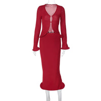 Moda transfronteiriça da Amazon, cardigan sexy de manga comprida, calça slim floral com borda casual, vestido bodycon socialite para mulheres