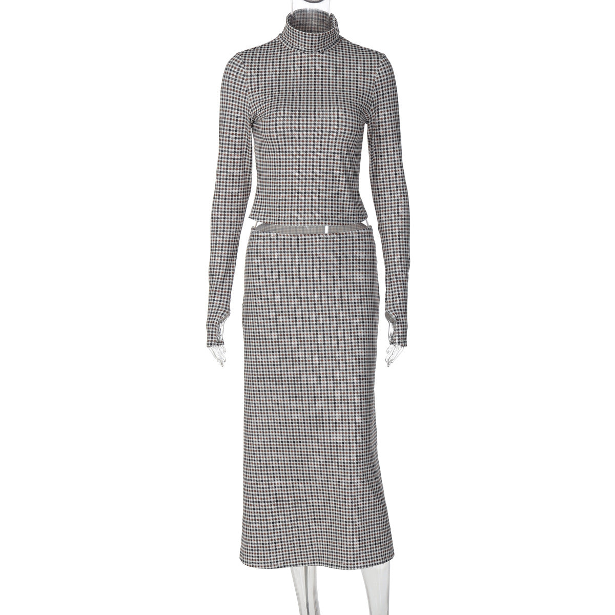 Conjunto de saia comprida de manga longa, com padrão de moda aos quadrados e 2026 para mulheres europeias e americanas, saia comprida versátil e ajustada