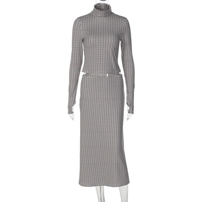 Conjunto de saia comprida de manga longa, com padrão de moda aos quadrados e 2026 para mulheres europeias e americanas, saia comprida versátil e ajustada
