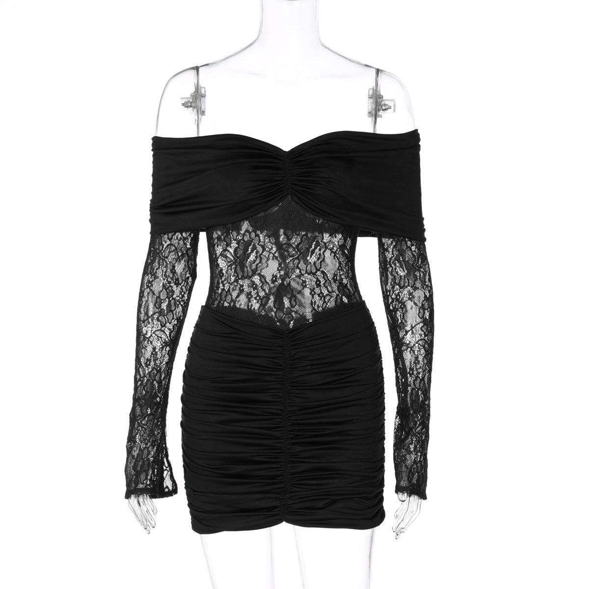 Novo vestido curto sexy, sem alças, sem mangas, em renda, transparente, plissado, justo,