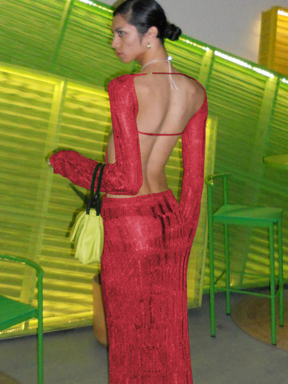 Vestido de verão mais vendido na Europa e nos EUA, novo, sexy, sem costas, oco, transparente, manga comprida, slim-fit, elegante e comprido de lã para mulheres