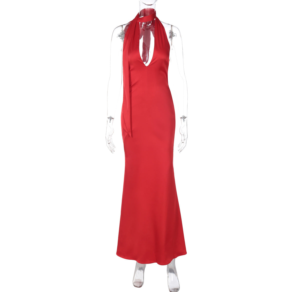 Vestido feminino feminino europeu e americano de 2025, novo vestido sexy em V profundo com fita oca, fita de cor sólida, estilo maduro