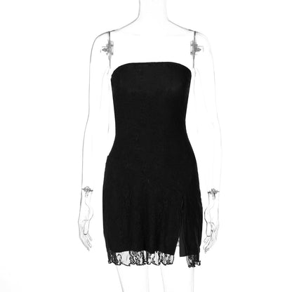 Vestido curto sexy sexy com fendas em renda fina e bestseller cross-fronteiriço da Amazon, nova moda feminina sem alças em retalhos