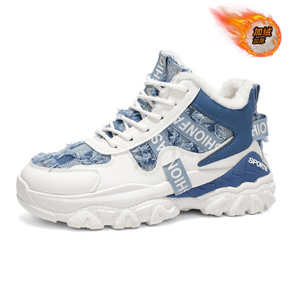 Sapatos masculinos de exterior para o exterior de inverno forrados a lã de algodão espesso, sapatos desportivos de sola grossa e de cano alto, sapatos casuais de pai para jovens para homens e versáteis