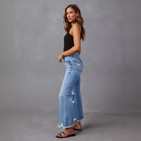 2025 Novas calças de perna larga transfronteiriças, jeans de cintura alta rasgados em tie-dye lavados com borlas, calças compridas casuais de perna direita para mulheres