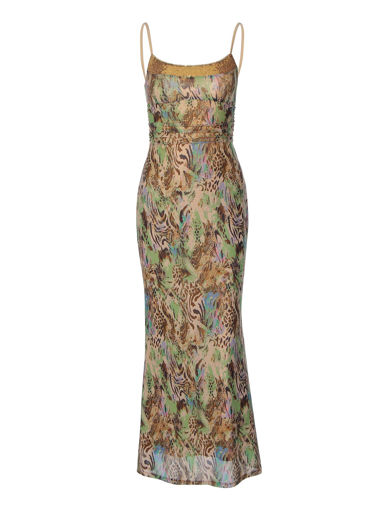 Vestido longo longo versátil com padrão de moda transfronteiriça com padrão duplo de duas camadas, vestido sexy oco, sem costas, slim fit, versátil com alças deslizantes