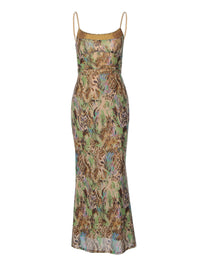 Vestido longo longo versátil com padrão de moda transfronteiriça com padrão duplo de duas camadas, vestido sexy oco, sem costas, slim fit, versátil com alças deslizantes