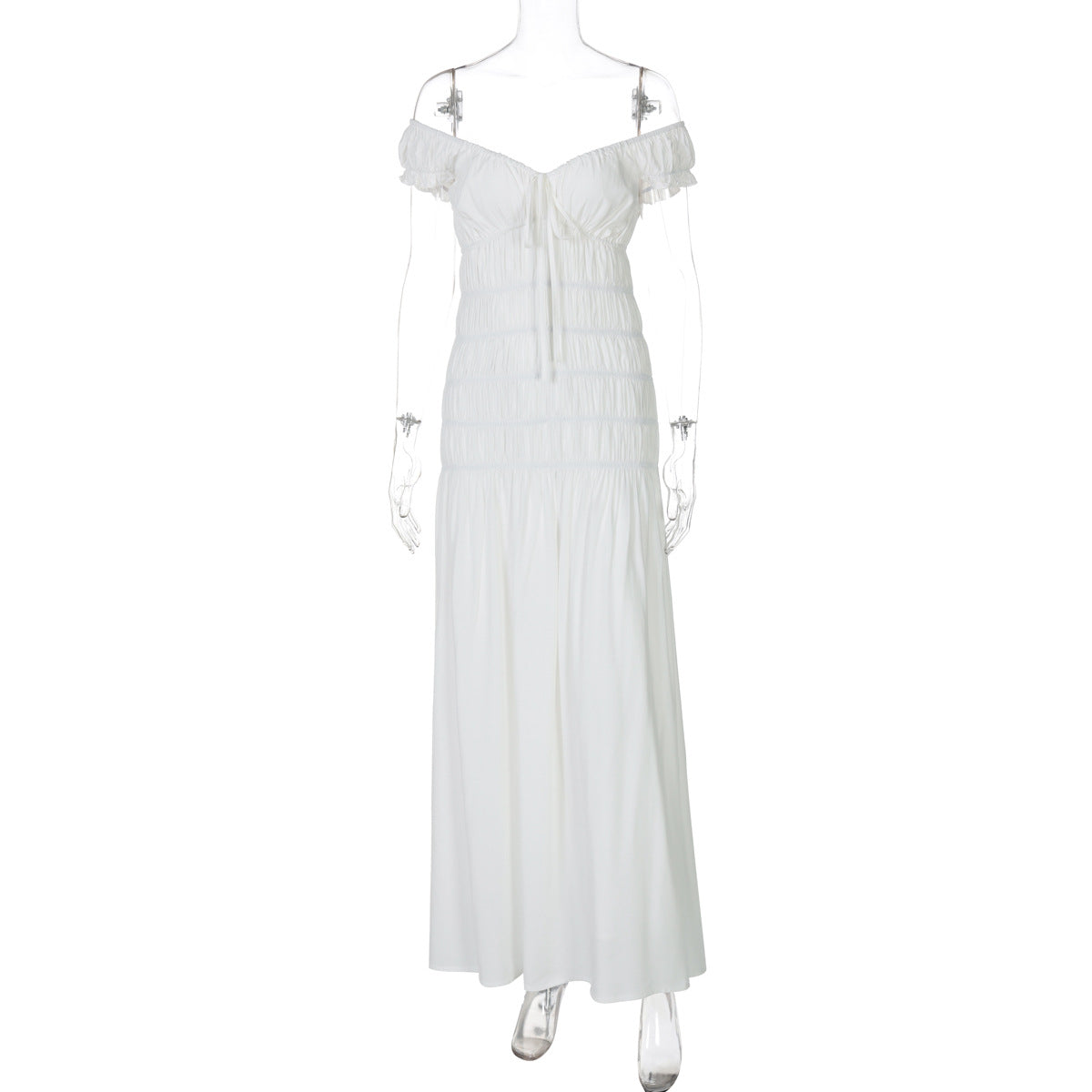 Moda francesa, europeia e americana transfronteiriça, novo vestido sexy de mangas plissadas com decote em V, slim fit, textura e textura fresca