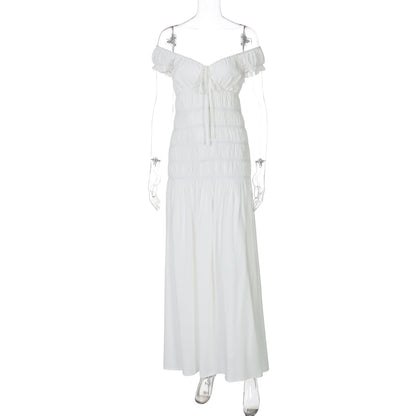 Moda francesa, europeia e americana transfronteiriça, novo vestido sexy de mangas plissadas com decote em V, slim fit, textura e textura fresca