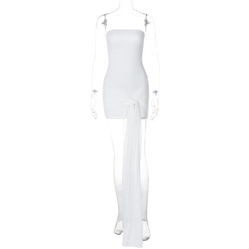 Vestido curto de fita plissado, de cor sólida europeia e americana, de cor sólida, elegante, ajustado ao peito, na cintura, com fita de retalhos e plissado para mulheres