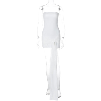 Vestido curto de fita plissado, de cor sólida europeia e americana, de cor sólida, elegante, ajustado ao peito, na cintura, com fita de retalhos e plissado para mulheres
