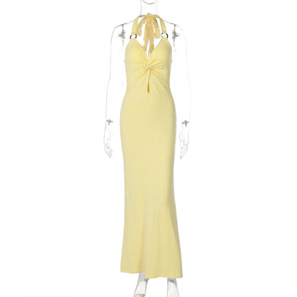 Verão 2026 Novo Vestido Feminino Sexy Torcido, Oco, Slim Fit, Patchwork em Ferro com Anel Longo de Gola Alta para Mulheres
