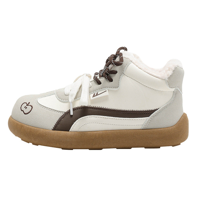 Os novos sapatos de treino moral de topo médio e alto da Warrior, sapatos quentes versáteis e da moda com blocos de cor, sapatos femininos de inverno com forro de polar duplo com laceta