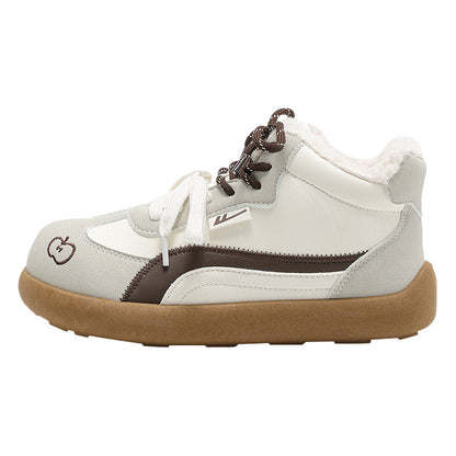 Os novos sapatos de treino moral de topo médio e alto da Warrior, sapatos quentes versáteis e da moda com blocos de cor, sapatos femininos de inverno com forro de polar duplo com laceta