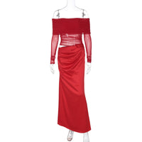 Vestido sensual de moda europeia e americana 2026 de verão 2026, vestido de malha de rede de manga longa e ombros descobertos, oco e slim