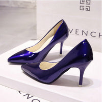 Saltos altos altos European Station Nude Stilet, sapatilhas de trabalho pretas com bico pontiagudo, sapatos plus size azuis em verniz feminino, sapatos vermelhos de casamento