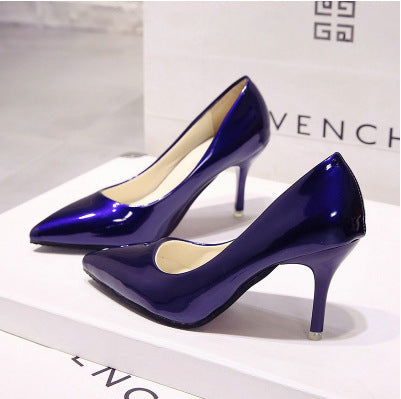 Saltos altos altos European Station Nude Stilet, sapatilhas de trabalho pretas com bico pontiagudo, sapatos plus size azuis em verniz feminino, sapatos vermelhos de casamento