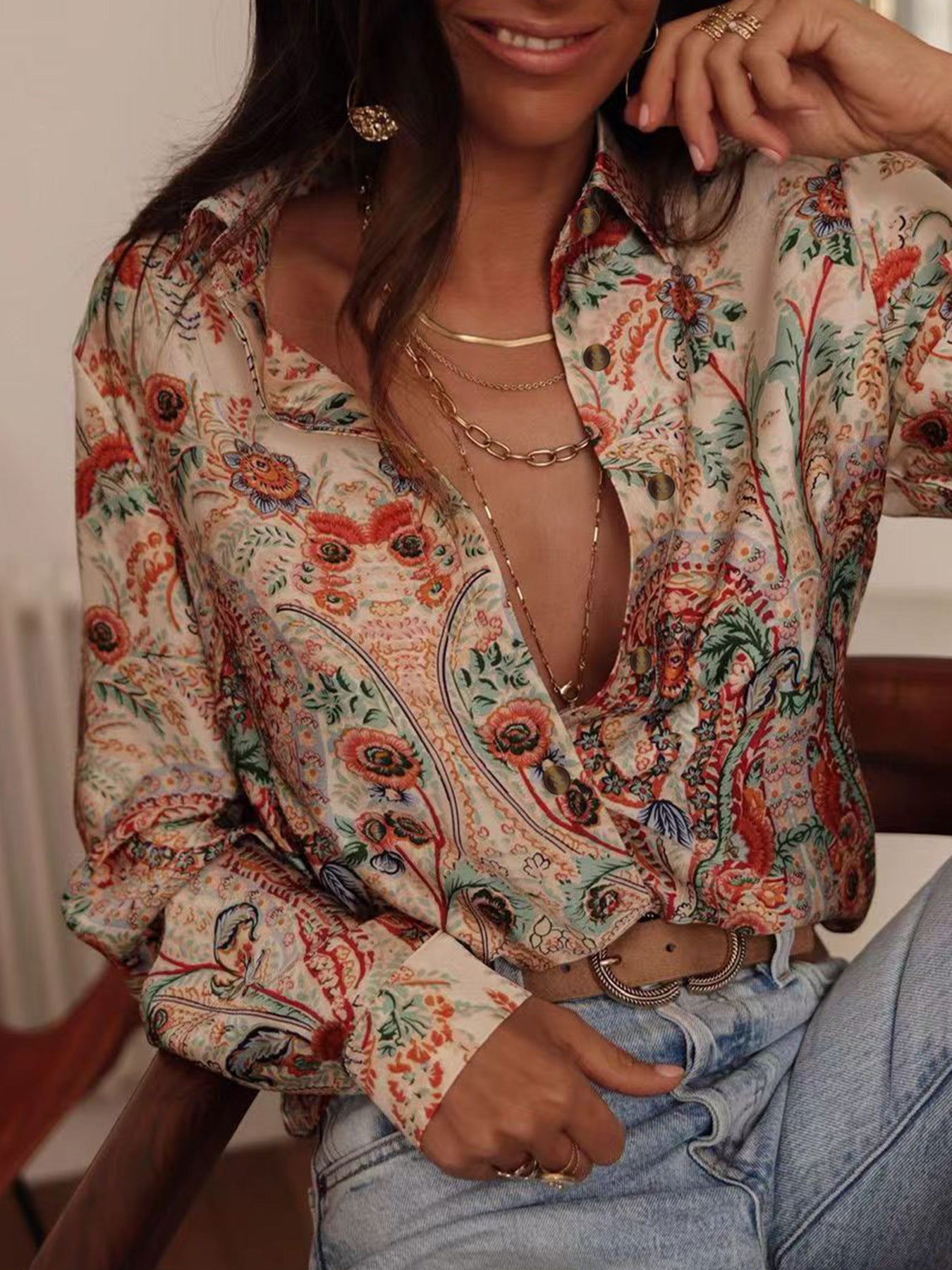 Nova camisa de lapela de manga comprida com estampado de manga comprida, camisa casual de verão para férias