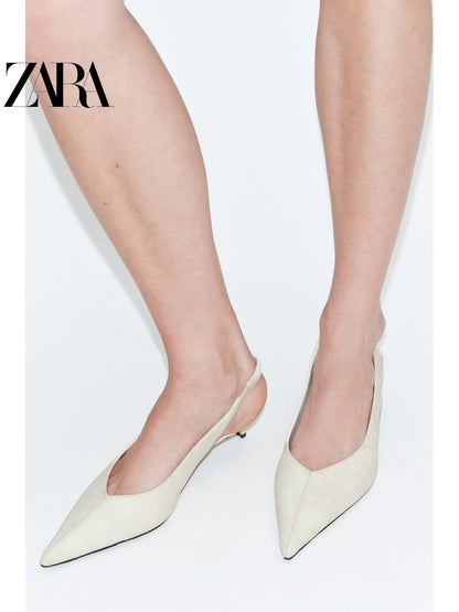 ZARA 2026 Verão Novo Sapatos Femininos Mules de Couro com Salto Baixo e Bico Fino 3228710 850