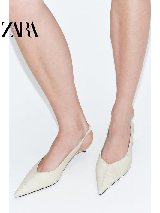 ZARA 2026 Verão Novo Sapatos Femininos Mules de Couro com Salto Baixo e Bico Fino 3228710 850