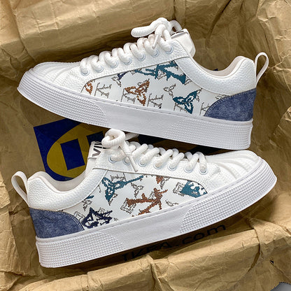 Sapatos masculinos com bico em forma de concha, ténis planos versáteis para estudantes casuais de outono, sapatos desportivos de marca alta, de topo de gama, brancos de sola grossa e na moda