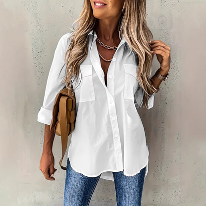 Nova camisa feminina feminina europeia e americana 2024 versátil de bolso, bolso solto, manga longa e gola virada para baixo