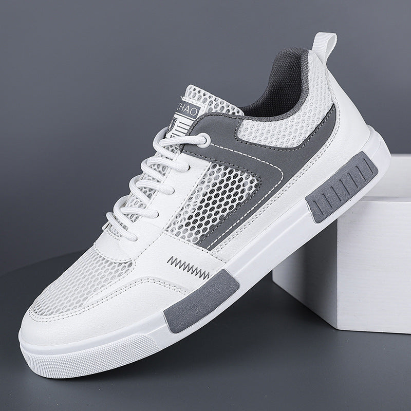 Sapatilhas de malha fina respiráveis de malha oca, sapatilhas casuais leves de quadro branco, sapatilhas desportivas masculinas em malha