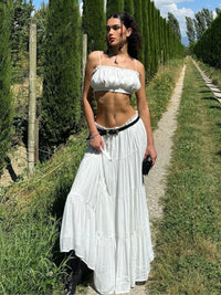 Verão 2026 Amazon Transfronteiriço Novo Conjunto de Moda Saia Longa Estilo Férias Sexy Sem Alças Finas de Cor Sólida