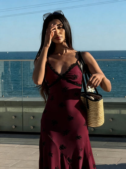 Vestido de moda francês sexy, europeu e americano, com borda em renda, decote em V, estampado em V, ajustado e ajustado para mulheres