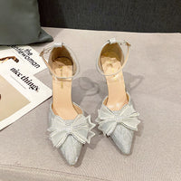 Saltos altos franceses suaves e deslumbrantes com laço para mulheres, novas sapatilhas sapatilhas plus size de exportação 2025, sapatos simples de moda para banquetes
