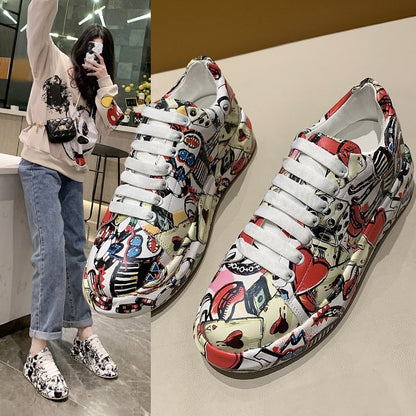 Sapatos coloridos de pai para mulheres, tendência de verão e outono Novos graffiti estampados da Amazon, sapatos casuais plus size