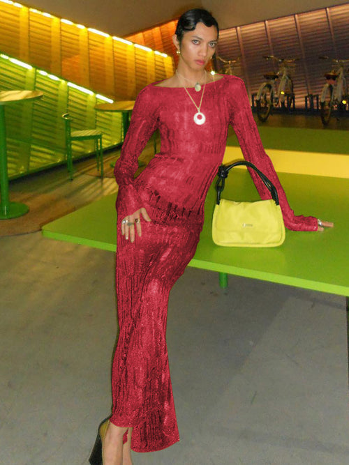 Vestido de verão mais vendido na Europa e nos EUA, novo, sexy, sem costas, oco, transparente, manga comprida, slim-fit, elegante e comprido de lã para mulheres
