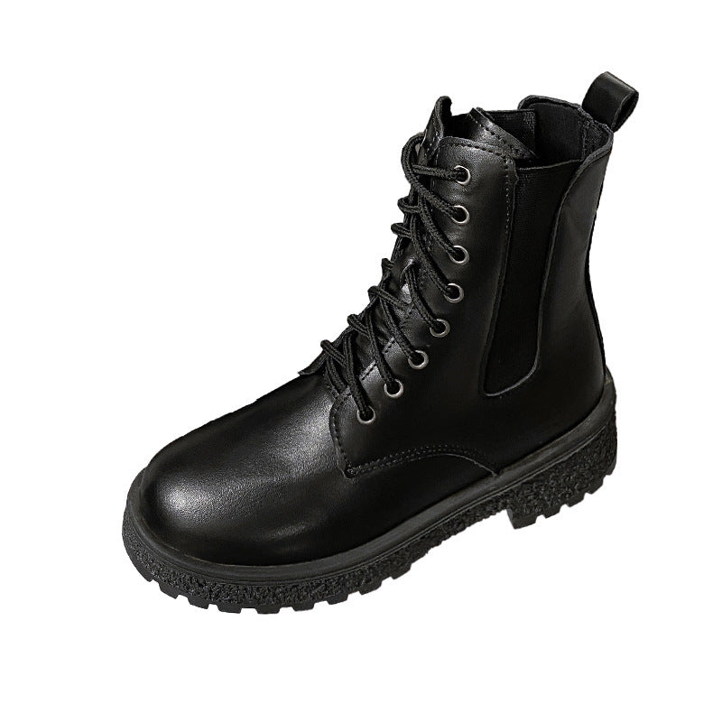 Botas femininas: Botas de salto redondo com salto redondo de salto médio, sapatos femininos em couro verniz coreano de outono 2025, botas Martin confortáveis