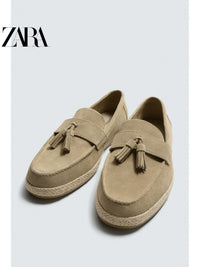 ZARA 2026 Verão Novo Sapatos Masculinos com Bordado de Penas, Mocassins Casuais de Couro Estilo Náutico 2651720 002