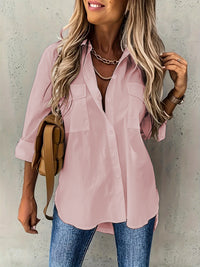Nova camisa feminina feminina europeia e americana 2024 versátil de bolso, bolso solto, manga longa e gola virada para baixo