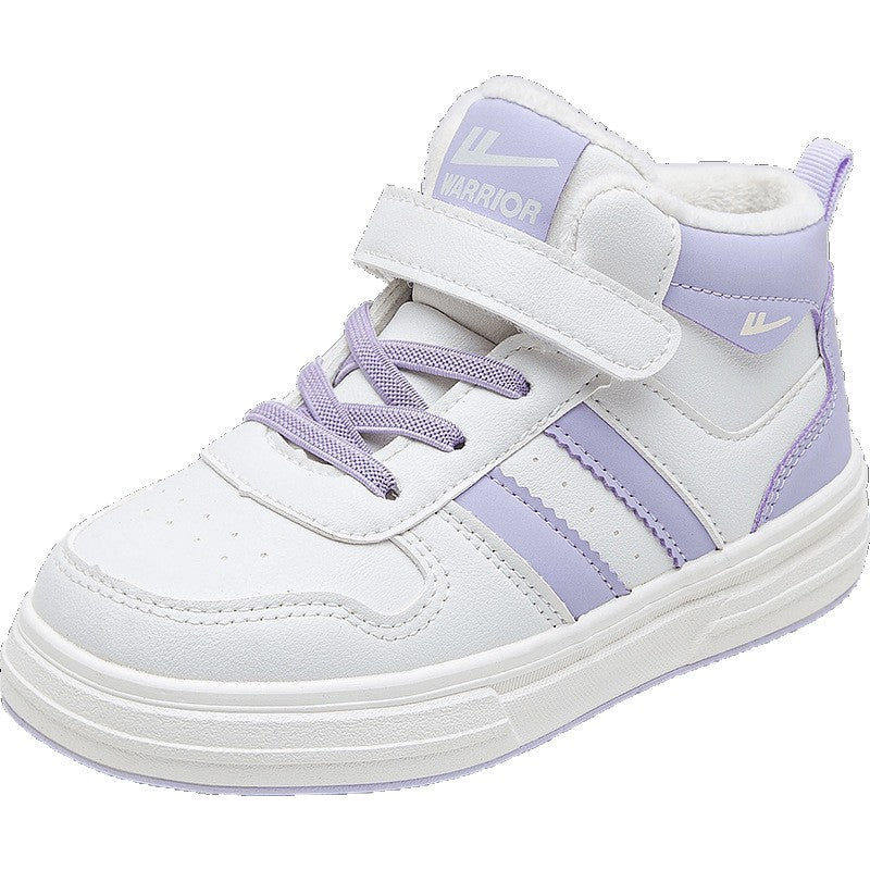 Sapatos roxos de lã alta, forrados a polar, sapatos infantis Warrior, sapatos de algodão para raparigas, sapatos casuais às riscas com sola grossa, sapatos novos para homem