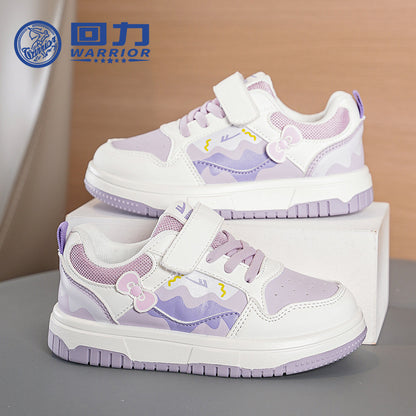 Sapatos infantis Warrior color-block, sapatos infantis com graffiti color-block, novos sapatos na moda e versáteis de sola grossa na primavera, ténis desportivos femininos com superfície de couro e respiráveis
